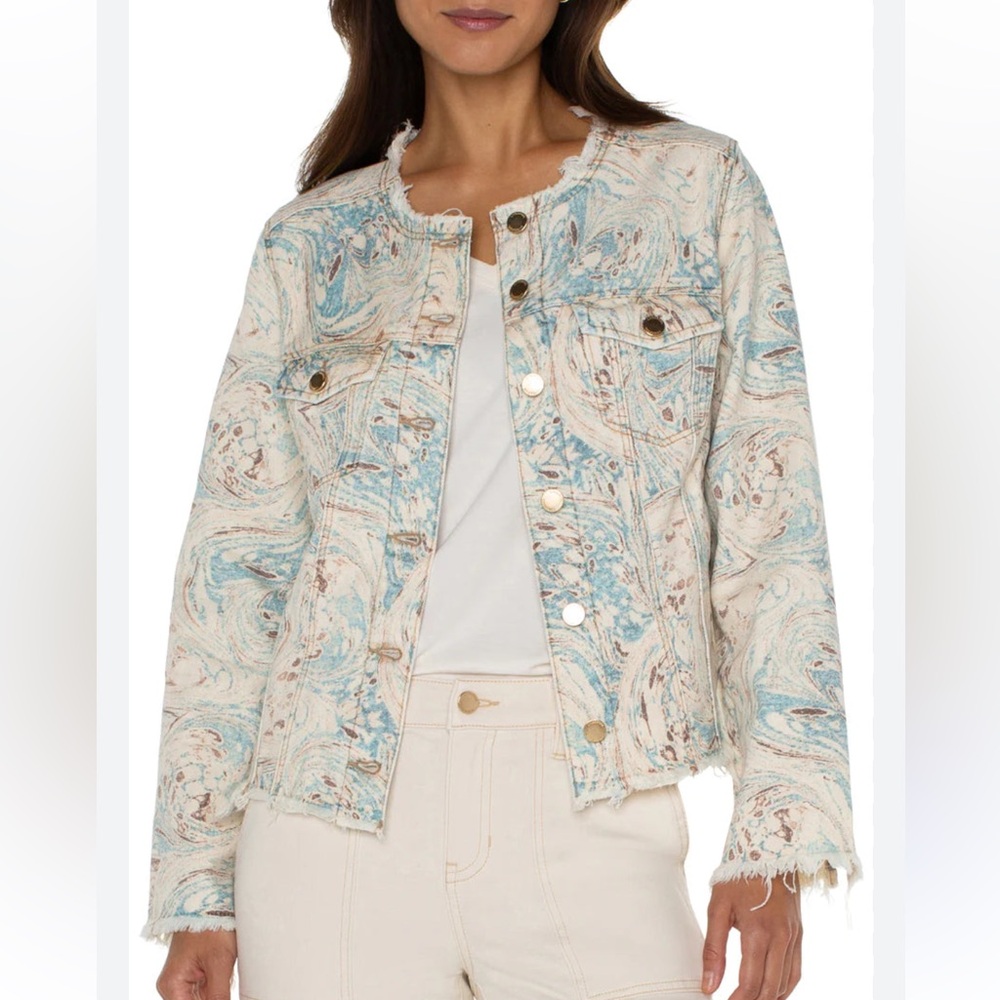 NWT Liverpool Printed Blue and Cream Women's Jean Jacket Size M